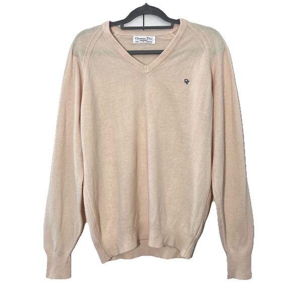 Vintage Christian Dior Sweater Mens L Beige V Neck Long Sleeve Classic Preppy - Picture 1 of 8
